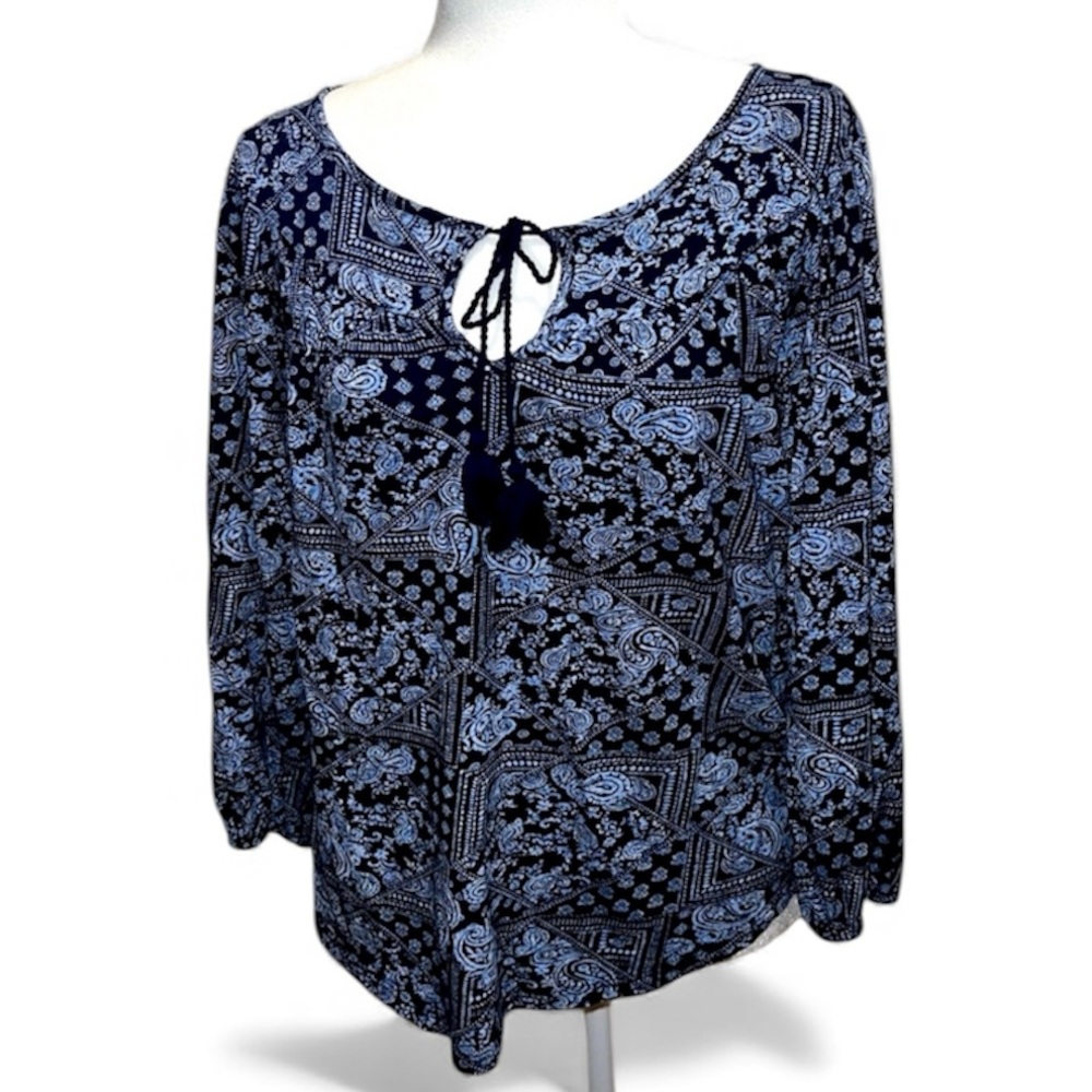 Lucky Brand Blue Paisley Tie Front Blouse Boho Fall Top - Picture 2 of 9